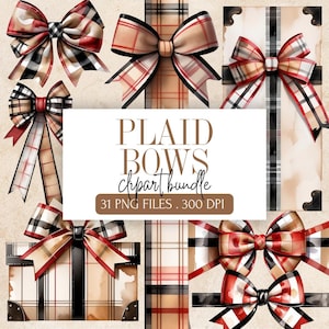 Plaid Bow Clipart Bundle - Watercolor Bows PNG - Rustic Farmhouse Digital Graphics for Crafts & Sublimation - Shabby Chic Scrapbook Ephemera