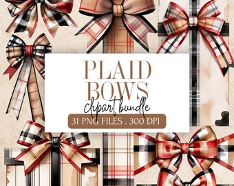 Plaid Bow Clipart Bundle - Watercolor Bows PNG - Rustic Farmhouse Digital Graphics for Crafts & Sublimation - Shabby Chic Scrapbook Ephemera