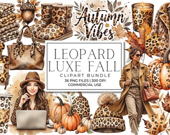 Paquete de imágenes prediseñadas de otoño de lujo con estampado de leopardo / PNG otoñal elegante, calabazas con estampado de leopardo, hojas, café acogedor, gráficos de moda para scrapbooking