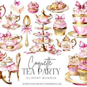 Paquete de imágenes prediseñadas de coqueta para la fiesta del té, imágenes prediseñadas de la fiesta del té en rosa y dorado, gráficos PNG de la hora del té, despedida de soltera para la fiesta del té, uso comercial