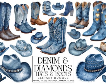 Denim and Diamonds Hats & Boots Clipart Bundle | Western Cowgirl Watercolor PNGs, Rhinestone Cowboy Accessories, Blue Hats, Country Art