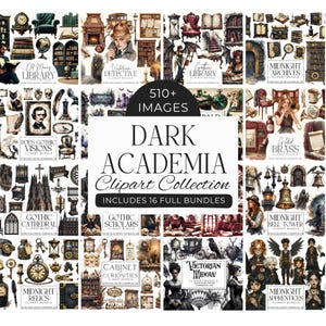 May include: A collection of digital clipart images with a dark academia theme. The image features various illustrations, including gothic architecture, vintage portraits, and antique objects. The text on the image reads "Dark Academia Clipart Collection" and "Includes 16 Full Bundles."