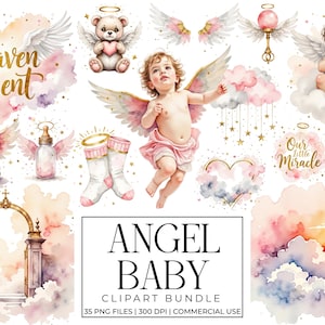 May include: Watercolor clipart bundle featuring angel babies, wings, and heavenly elements. Includes a baby angel, teddy bear, baby shoes, and a bottle. The words "Heaven Sent" and "Our Little Miracle" are also included.
