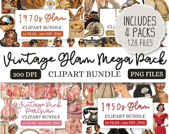 May include: A digital collage of vintage style clipart images. The collage includes images of women in glamorous clothing, cars, telephones, and other items. The text "Vintage Glam Mega Pack" is at the top of the collage. The text "1970s Glam, 1950s Glam, Vintage Pink Parisian" is also included in the collage.