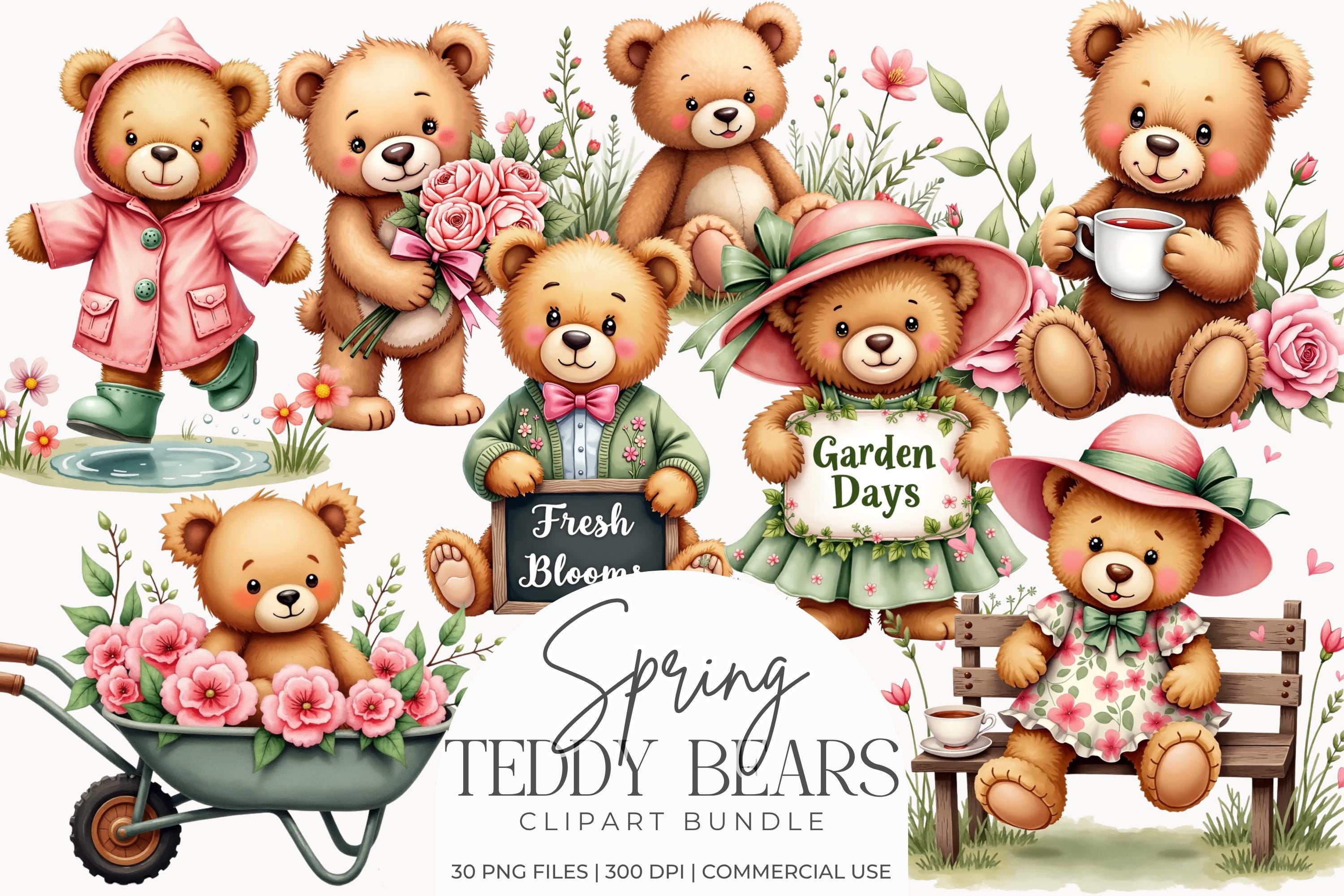 Spring Teddy Bear Clipart Bundle, Watercolor Floral Bears Pngs, Nursery ...