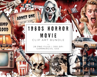 1980s Horror Movie Clipart Bundle | Retro Slasher Movie PNGs | Neon Horror, VHS Glitch, Final Girl, Slasher Halloween Sublimation Graphics