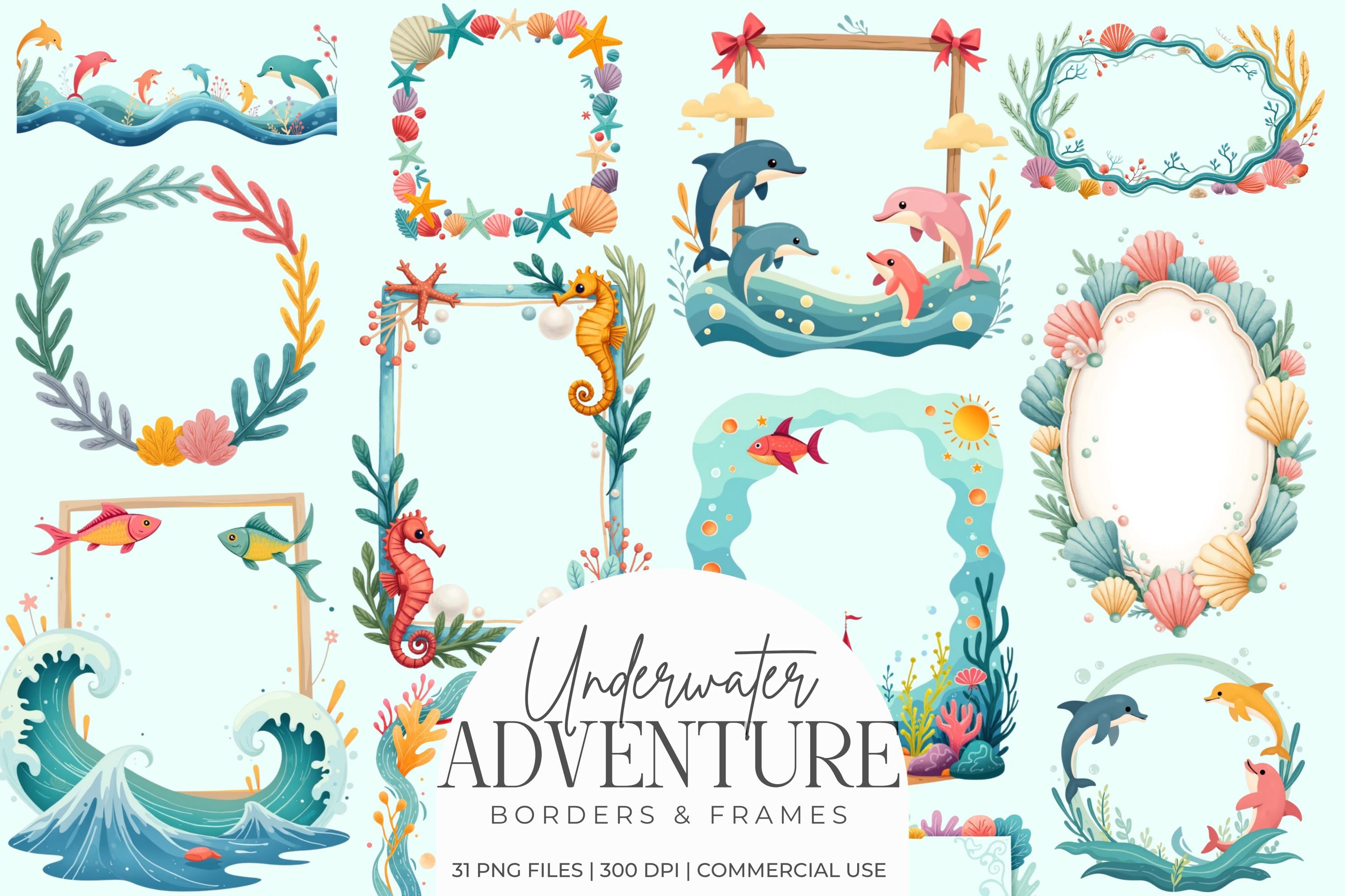 Underwater Adventure Borders Frames Clipart, Ocean Coral Mermaid Sea ...