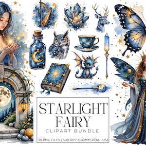 Op de afbeelding: Waterverfillustraties met een fee&euml;nthema, met een vrouw, een vlinder en hemelse elementen. De afbeeldingen zijn in blauw, goud en wit, met ster- en maandetails. De tekst "Starlight Fairy Clipart Bundle" is ook opgenomen.