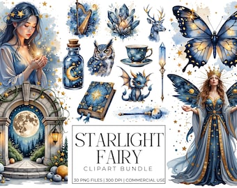 Starlight Fairy Celestial clipartbundel | Donkerblauwe en gouden magische graphics | Moon Stars Fantasy-png's | Kortstondige mystieke aquarelfee