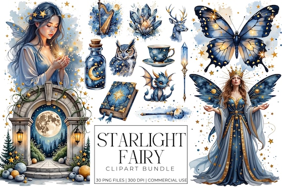 Starlight Fairy Celestial Clipart Bundle | Dark Blue & Gold Magical Graphics | Moon Stars Fantasy PNGs | Mystic Watercolor Fairy Ephemera