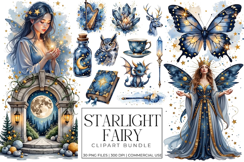 Op de afbeelding: Waterverfillustraties met een fee&euml;nthema, met een vrouw, een vlinder en hemelse elementen. De afbeeldingen zijn in blauw, goud en wit, met ster- en maandetails. De tekst "Starlight Fairy Clipart Bundle" is ook opgenomen.