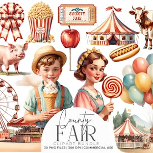 May include: A digital clipart bundle featuring county fair elements including a red and white striped tent, a Ferris wheel, a cow, a pig, popcorn, a hot dog, balloons, a candy apple, a lollipop, and illustrations of a young child and a girl.