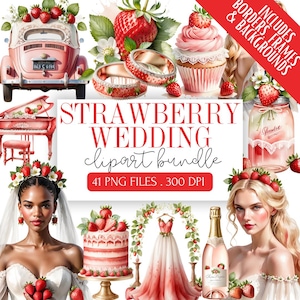Lot de cliparts mariage fraise | Floral romantique aux fraises PNG | Graphiques de mariage aquarelle fraise | Art numérique pour la mariée aux fraises