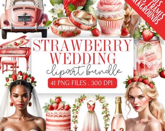 Pacote de clipart de casamento de morango | PNG floral de morango romântico | Gráficos de casamento de morango em aquarela | Arte digital de noiva de morango