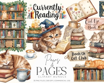 Whimsical Reading Cats Clipart Bundle | Cozy Bookish Cat PNGs for Reading Journals, Scrapbooking & Stickers, Magical Cat Reader Art Graphics