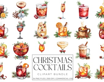 Christmas Cocktails Clipart Bundle, Holiday Drinks Watercolor, Festive Wine Eggnog Hot Cocoa Martini, Red Green Winter PNG Graphics