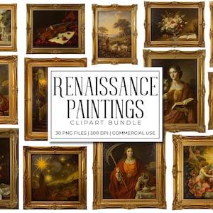 Puede incluir: Una colección de pinturas renacentistas enmarcadas. Las imágenes incluyen retratos, paisajes y naturalezas muertas, todas en marcos dorados ornamentados. El texto "Renaissance Paintings Clipart Bundle" se muestra en el centro.