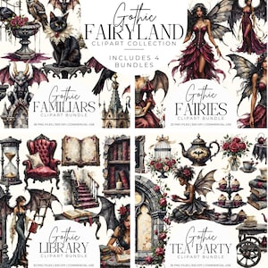 Może przedstawiać: Cyfrowa kolekcja clipartów zatytułowana "Gothic Fairyland" zawierająca cztery pakiety: Gothic Familiars, Fairies, Library i Tea Party. Grafika zawiera ilustracje wróżek, czarnego kota, gargulców i gotyckiej architektury. Każdy pakiet zawiera pliki PNG.