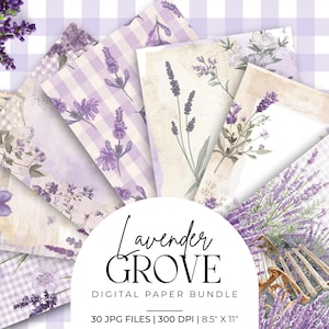 May include: A selection of digital paper sheets with lavender and floral designs. The papers feature various patterns, including gingham and botanical illustrations. The bundle is titled "Lavender Grove" and includes 30 JPG files, each 21.59 cm x 27.94 cm.