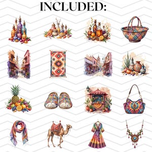 May include: Watercolor illustrations of various items, including a lantern, bottles, fruit arrangements, a basket, a rug, a street scene, a purse, a scarf, a camel, a dress, jewelry, and more. The word "INCLUDED:" is at the top.