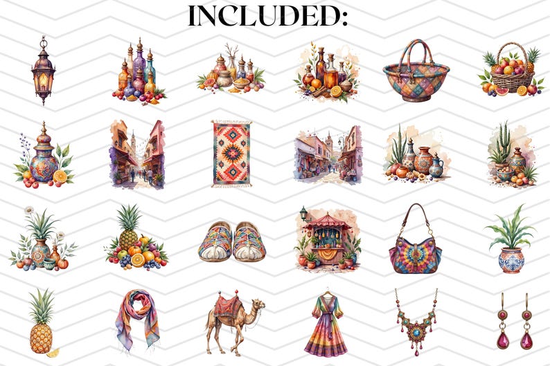 May include: Watercolor illustrations of various items, including a lantern, bottles, fruit arrangements, a basket, a rug, a street scene, a purse, a scarf, a camel, a dress, jewelry, and more. The word "INCLUDED:" is at the top.