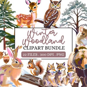 Clipart forêt hivernale | Animaux de la forêt enneigés PNG | Graphismes rustiques d'hiver de la faune | Créatures des bois Art numérique | Éphémères de scrapbooking