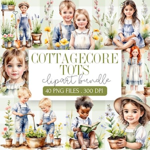 Frühling Cottagecore Tots Clipart Bundle - Aquarell kleine Kinder, rustikale Blumen PNG, Sublimation, Aufkleber, Einladungen, Bastelgrafiken