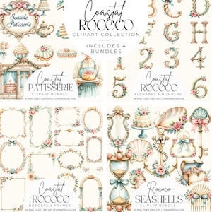 May include: A digital clipart collection featuring a seaside patisserie theme. The image includes various elements such as cakes, frames, seashells, and alphabet letters, all in a watercolor style with pastel colors and floral accents.