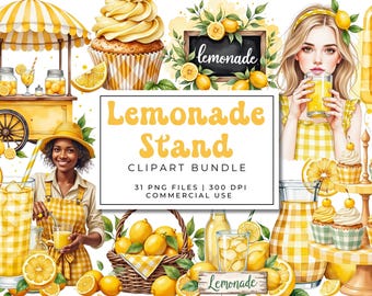Gingham Lemonade Stand Clipart – Summer Lemon PNGs, Trendy Citrus Graphics, Cute Cottagecore Lemons, Vintage Picnic Clipart, Summer Ephemera