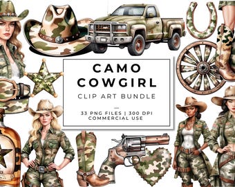 Camouflage Cowgirl Clipart Bundle | Rosa & Grön Kamouflage Western Clip Art, Stövlar, Cowboyhattar, Rodeo PNGs för Sublimering, Ranch Girl Grafik
