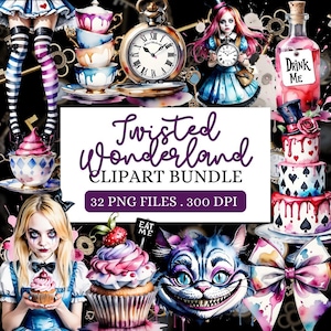 Pacchetto Clipart Twisted Wonderland / PNG Fiaba Gotica / Dark Fantasy Mad Tea Party / Sublimazione di libri di fiabe grunge e grafica di diario spazzatura
