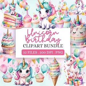 Unicorn Birthday Party Clipart Bundle, Digital Unicorn Party Graphics, Kids Unicorn Birthday Party Invitations, Pastel Birthday Scrapbook