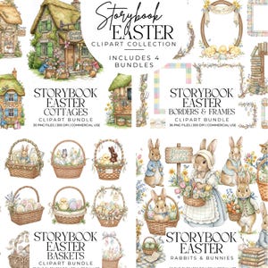 Pode incluir: Coleção de clipart digital "Storybook Easter" com casas de campo, bordas, molduras, cestas, coelhos e coelhinhos. Ilustrações em aquarela com cores pastel e detalhes encantadores, perfeitas para projetos de arte digital.