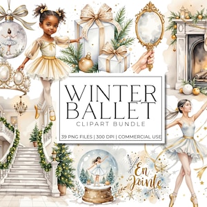 May include: A watercolour clipart bundle with a winter ballet theme. The image includes illustrations of ballerinas, a nutcracker, Christmas trees, gifts, and a fireplace. Text on the image reads "Winter Ballet Clipart Bundle".