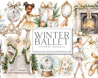 Winter Ballet Clipart Bundle | Elegant Ballerina, Snowflake Dance, Nutcracker Inspired Christmas Clip Art | White and Gold Snow Ballet PNGs