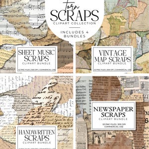破れたスクラップのメガクリップアートバンドル | ヴィンテージマップ、楽譜、新聞紙、手書きの紙のPNG画像（ジャンクジャーナル、スクラップブッキング、クラフト用）