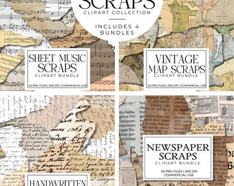 Mega-Clipart-Bundle mit zerrissenen Papierfetzen | Vintage-Landkarten, Notenblätter, Zeitungspapier & handgeschriebenes Papier (PNGs) für Junk Journals, Scrapbooking und Bastelarbeiten
