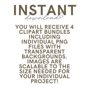 K&ouml;nnte beinhalten: Digitalgrafik mit den Worten "INSTANT download" in brauner Schrift. Darunter Text, der die Clipart-Pakete detailliert, einschlie&szlig;lich PNG-Dateien mit transparenten Hintergr&uuml;nden, skalierbar f&uuml;r Ihr Projekt.