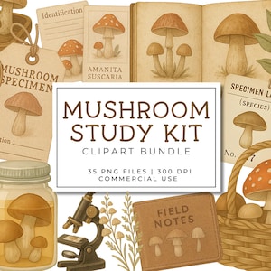 Puede incluir: Un paquete de imágenes prediseñadas digitales titulado "Mushroom Study Kit" con varias ilustraciones de hongos, etiquetas de especímenes y notas de campo. Las imágenes incluyen una lupa, una cesta y un tarro lleno de hongos. La paleta de colores es principalmente marrón y beige.