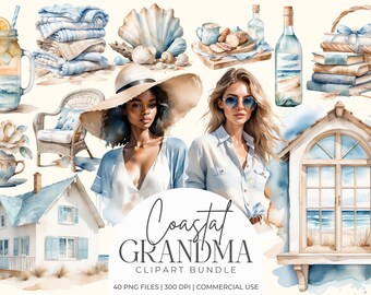 Coastal Grandma Aesthetic Clipart Bundle | Beachy Summer PNGs | Ocean, Linen, Iced Tea, Seashells Grandmillenial Graphics | Digital Download