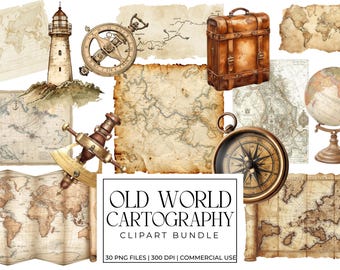 Old World Cartography Watercolor Clipart Bundle, Antique Maps, Globes, Compasses & Explorer Charts PNGs for Junk Journals, Crafts, Scrapbook