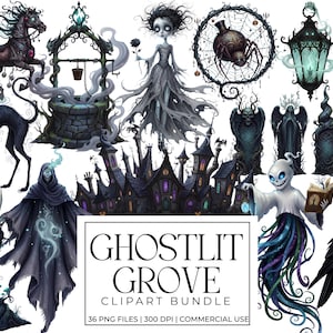 May include: A digital clipart bundle titled "Ghostlit Grove" featuring various spooky illustrations. Includes a black cat, raven, haunted house, well, ghost, and other gothic elements. 36 PNG files, 300 DPI, for commercial use.