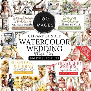 Lot de cliparts mariage aquarelle | Thème de mariage printanier, champêtre, tournesol et fraise | Graphismes PNG floraux romantiques, décoration de mariage DIY