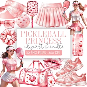 Pickleball Princess-clipartbundel | Roze sprankelende sportesthetiek | Schattige peddels, girly-uitrusting, woordkunst | Digitale png-download | Kortstondig: