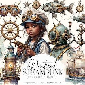 Nautische steampunk-clipartbundel | Victoriaanse industriële oceaan fantasie ephemera | Onderzeeër octopus scheepskompas digitaal png-plakboek