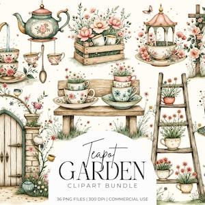 Può includere: Pacchetto di clipart ad acquerello con il tema del giardino delle teiere. L'immagine include tazze da tè, teiere, fiori ed elementi del giardino. Il testo "Teapot Garden Clipart Bundle" è visibile. L'immagine è in stile acquerello.