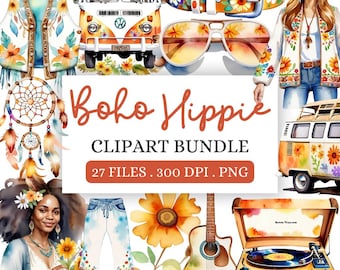 Clipart de hippie bohemio, clip art retro de los años 70, gráficos hippies vintage, pegatinas digitales hippies, diario basura de los 70, PNG de los años 60, uso comercial