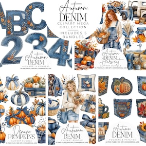 Può includere: Una collezione di clipart digitali a tema autunnale in denim, che include lettere, numeri, zucche, tasche, toppe e illustrazioni di persone con elementi del raccolto, tutte contrassegnate con il testo Autumn Denim.