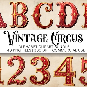 Vintage Circus Alphabet Clipart Bundle, Red, Gold Letters A-Z, Numbers 0-9, !, ?, Carnival Font PNG for Junk Journal & Crafts, Sublimation