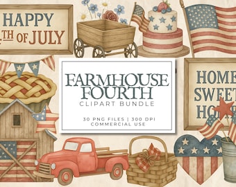 Farmhouse 4th of July Clipart Bundle – Rustic Watercolor Americana PNGs | Patriotic Digital Graphics for Junk Journals, Crafts, Invites, Art